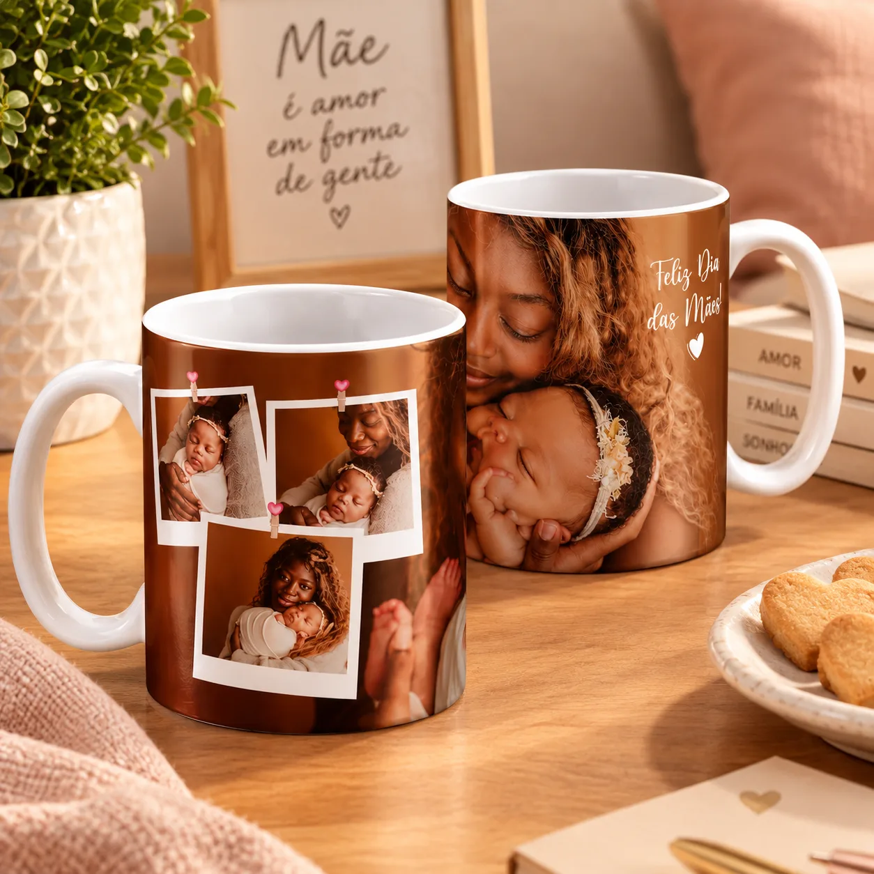 Uma caneca personalizada com fotos ou frases, decoração em tons.